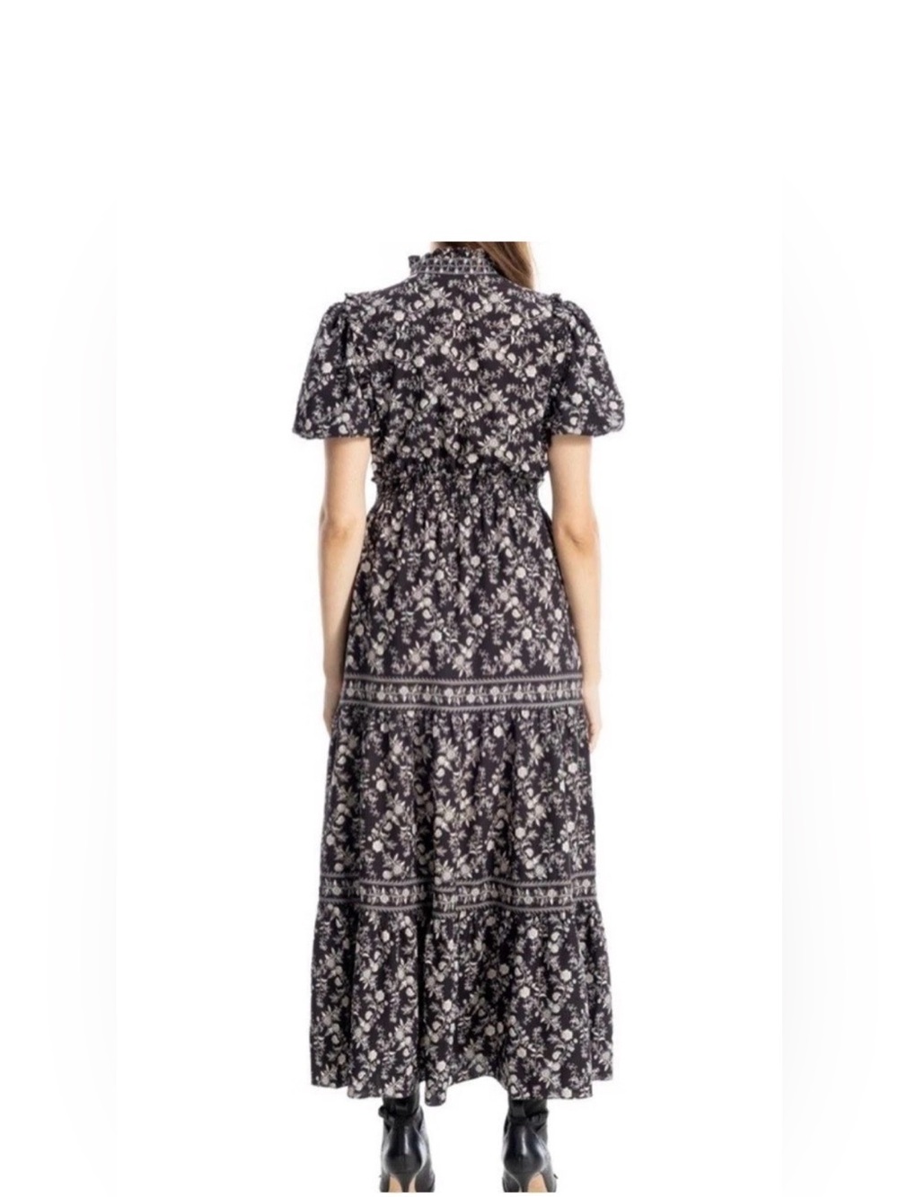 Max Studio Maxi Dress Women Black Floral Ruffle Tiered Smocked Waist- Size L - Picture 3 of 9